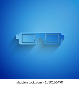 Paper cut 3D cinema glasses icon isolated on blue background. Paper art style. Vector Illustration