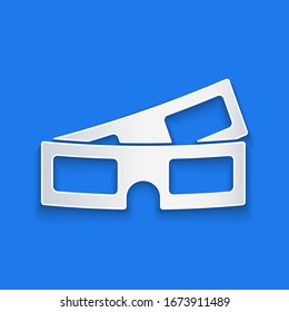 Paper cut 3D cinema glasses icon isolated on blue background. Paper art style. Vector Illustration