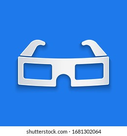 Paper cut 3D cinema glasses icon isolated on blue background. Paper art style. Vector Illustration