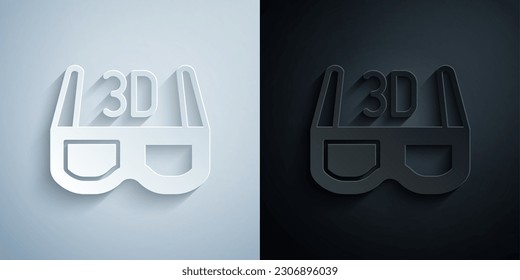 Paper cut 3D cinema glasses icon isolated on grey and black background. Paper art style. Vector