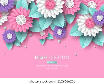 Paper cut 3d flowers banner in pink, white and violet colors. Place for text. Decorative elements for holiday design. Vector illustration.