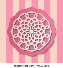 Paper cut 3d lace circular decoration on pink background with stripes. Vintage invitation or greeting card design template. Laser cutting element. Round lacy ornamental doily. Vector illustration