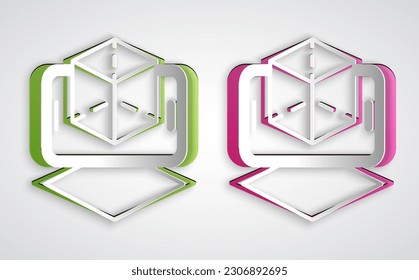 Icono de modelado 3d de corte de papel aislado en fondo gris. Realidad aumentada o realidad virtual. Estilo de arte de papel. Vector