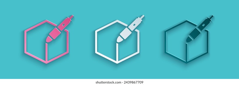 Paper cut 3d pen tool icon isolated on blue background. Paper art style. Vector