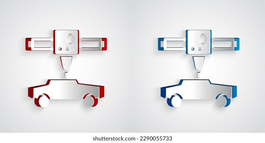 Paper cut 3D printer car icon isolated on grey background. 3d printing. Paper art style. Vector
