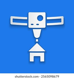 Paper cut 3D printer house icon isolated on blue background. 3d printing. Paper art style. Vector
