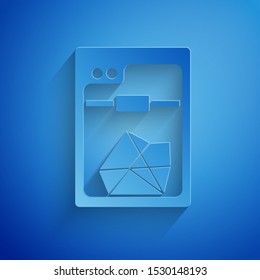 Paper cut 3D printer icon isolated on blue background. Paper art style. Vector Illustration