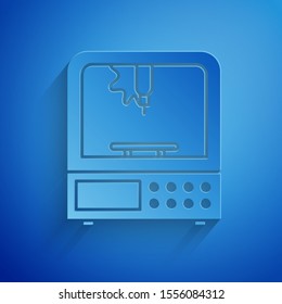 Paper cut 3D printer icon isolated on blue background. Paper art style. Vector Illustration