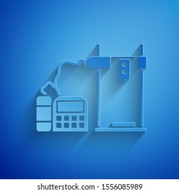 Paper cut 3D printer icon isolated on blue background. Paper art style. Vector Illustration