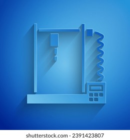 Paper cut 3D printer icon isolated on blue background. Paper art style. Vector Illustration