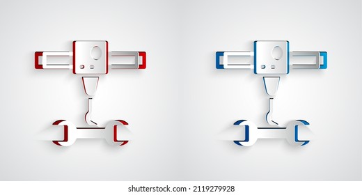 Icono de la llave inglesa de la impresora 3D cortada en papel aislado en fondo gris. 3 quinquies de impresión. Estilo de arte de papel. Vector