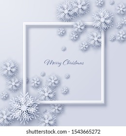 Paper cut 3d snowflakes with shadow on square frame and white background,New year and Christmas design elements
