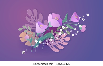 Paper cut 3d spring flowers banner in purple and violet colors. Decorative elements for holiday design. Vector illustration paper cut style.