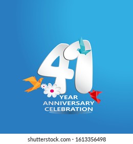 paper cut, 41 Years Anniversary celebration logotype white colored, isolated on blue background