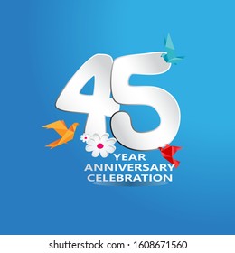 paper cut, 45 Years Anniversary celebration logotype white colored, isolated on blue background