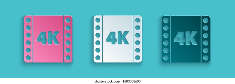 Paper cut 4k movie, tape, frame icon isolated on blue background. Paper art style. Vector Illustration