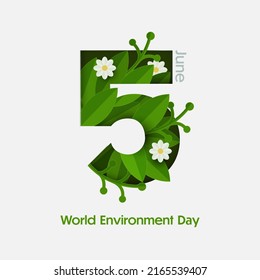 Paper Cut 5 Number Of June Decorated With Flowers, Leaves On White Background For World Environment Day.