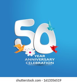 paper cut, 50 Years Anniversary celebration logotype white colored, isolated on blue background