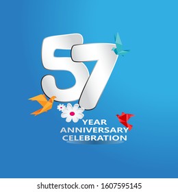 paper cut, 57 Years Anniversary celebration logotype white colored, isolated on blue background