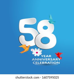 paper cut, 58 Years Anniversary celebration logotype white colored, isolated on blue background