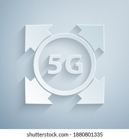 Paper cut 5G new wireless internet wifi connection icon isolated on grey background. Global network high speed connection data rate technology. Paper art style. Vector.