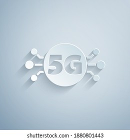 Paper cut 5G new wireless internet wifi connection icon isolated on grey background. Global network high speed connection data rate technology. Paper art style. Vector.