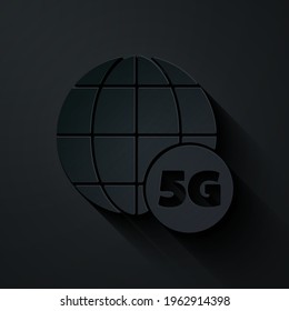 Paper cut 5G new wireless internet wifi connection icon isolated on black background. Global network high speed connection data rate technology. Paper art style. Vector