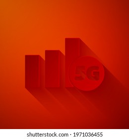 Paper cut 5G new wireless internet wifi connection icon isolated on red background. Global network high speed connection data rate technology. Paper art style. Vector