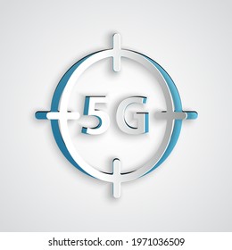 Paper cut 5G new wireless internet wifi connection icon isolated on grey background. Global network high speed connection data rate technology. Paper art style. Vector