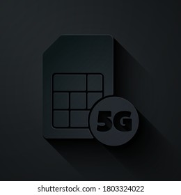 Paper cut 5G Sim Card icon isolated on black background. Mobile and wireless communication technologies. Network chip electronic connection. Paper art style. Vector.