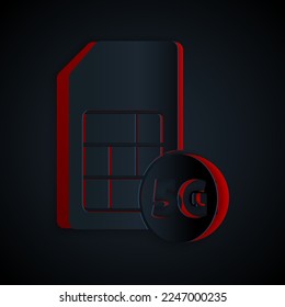 Icono de la tarjeta SIM 5G cortada en papel aislado en fondo negro. Tecnologías de comunicación móvil e inalámbrica. Conexión electrónica de chip de red. Estilo de arte de papel. Vector
