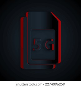 Paper cut 5G Sim Card icon isolated on black background. Mobile and wireless communication technologies. Network chip electronic connection. Paper art style. Vector