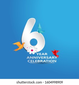 paper cut, 6 Years Anniversary celebration logotype white colored, isolated on blue background
