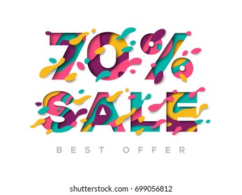 Paper cut 70 percent off. 70% discount 3d sign isolated on white background. Vector illustration. Sale symbol concept, special offer label, sticker tag, banner, advertising badge