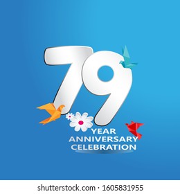 paper cut, 79 Years Anniversary celebration logotype white colored, isolated on blue background