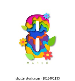 Paper cut 8 march shape 3D design.  Template for international womens day and greeting card backgrounds. Colorful vector illustration.