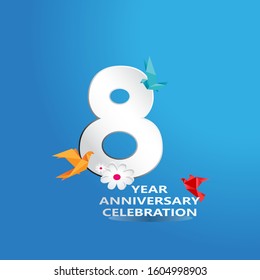 paper cut, 8 Years Anniversary celebration logotype white colored, isolated on blue background