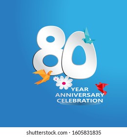 paper cut, 80 Years Anniversary celebration logotype white colored, isolated on blue background