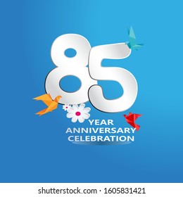 paper cut, 85 Years Anniversary celebration logotype white colored, isolated on blue background