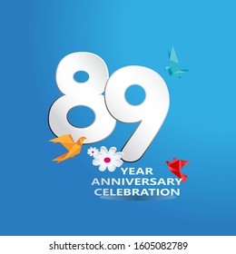 paper cut, 89 Years Anniversary celebration logotype white colored, isolated on blue background
