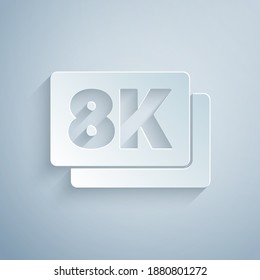 Paper cut 8k Ultra HD icon isolated on grey background. Paper art style. Vector.