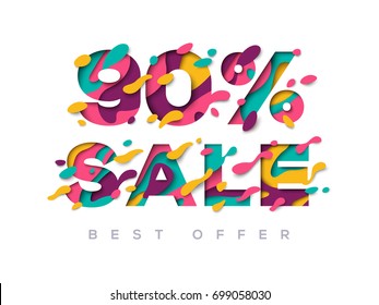 Paper cut 90 percent off. 90% discount 3d sign isolated on white background. Vector illustration. Sale symbol concept, special offer label, sticker tag, banner, advertising badge