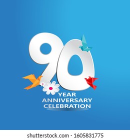 paper cut, 90 Years Anniversary celebration logotype white colored, isolated on blue background