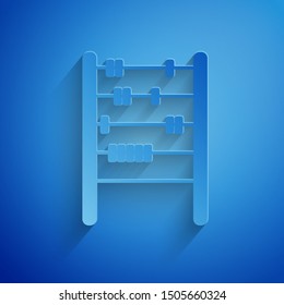 Paper cut Abacus icon isolated on blue background. Traditional counting frame. Education sign. Mathematics school. Paper art style. Vector Illustration