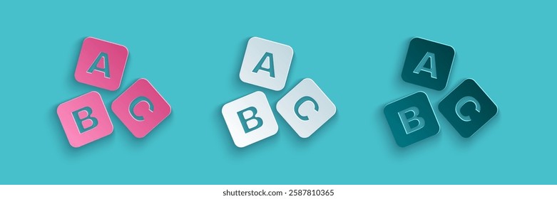 Paper cut ABC blocks icon isolated on blue background. Alphabet cubes with letters A,B,C. Paper art style. Vector