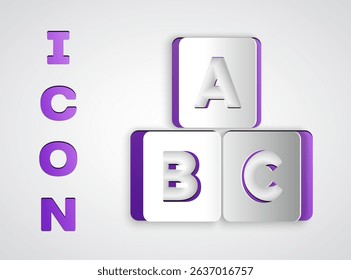 Paper cut ABC blocks icon isolated on grey background. Alphabet cubes with letters A,B,C. Paper art style. Vector
