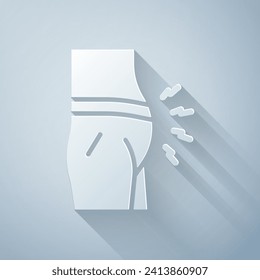 Paper cut Abdominal bloating icon isolated on grey background. Constipation or diarrhea. Paper art style. Vector