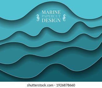 Recorte de papel Fondo de arte abstracto 3d capa azul olas del mar, agua del océano, río,lago.Plantilla textura marina con patrón de líneas onduladas.Cubierta vectorial, volante, huella textil, pancarta, afiche, tarjeta, papel pintado