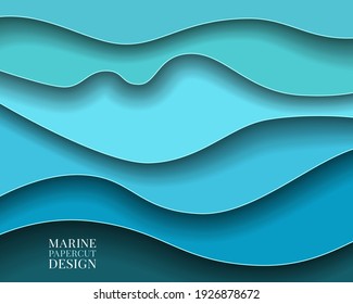 Paper cut Abstract art background 3d layer blue color sea waves, ocean water,river,lake.Template marine texture with wavy lines pattern.Vector cover,flyer,textile print,banner, poster,card,wallpapers