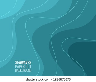 Paper cut Abstract art background 3d layer blue color sea waves, ocean water,river,lake.Template marine texture with wavy lines pattern.Vector cover,flyer,textile print,banner, poster,card,wallpapers